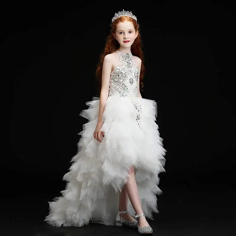 

Girls Elegant Cocktail Train Gown High Low Rhinestone Halter Dress Teen Girls Tutu Model Show Performance Banquet Dresses White