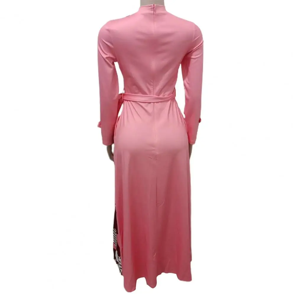 

Elegant Women Dress Geometric Print Maxi Dress with High Waist Belt Loose Hem Women's Long Sleeve A-line Formal Commute Dress