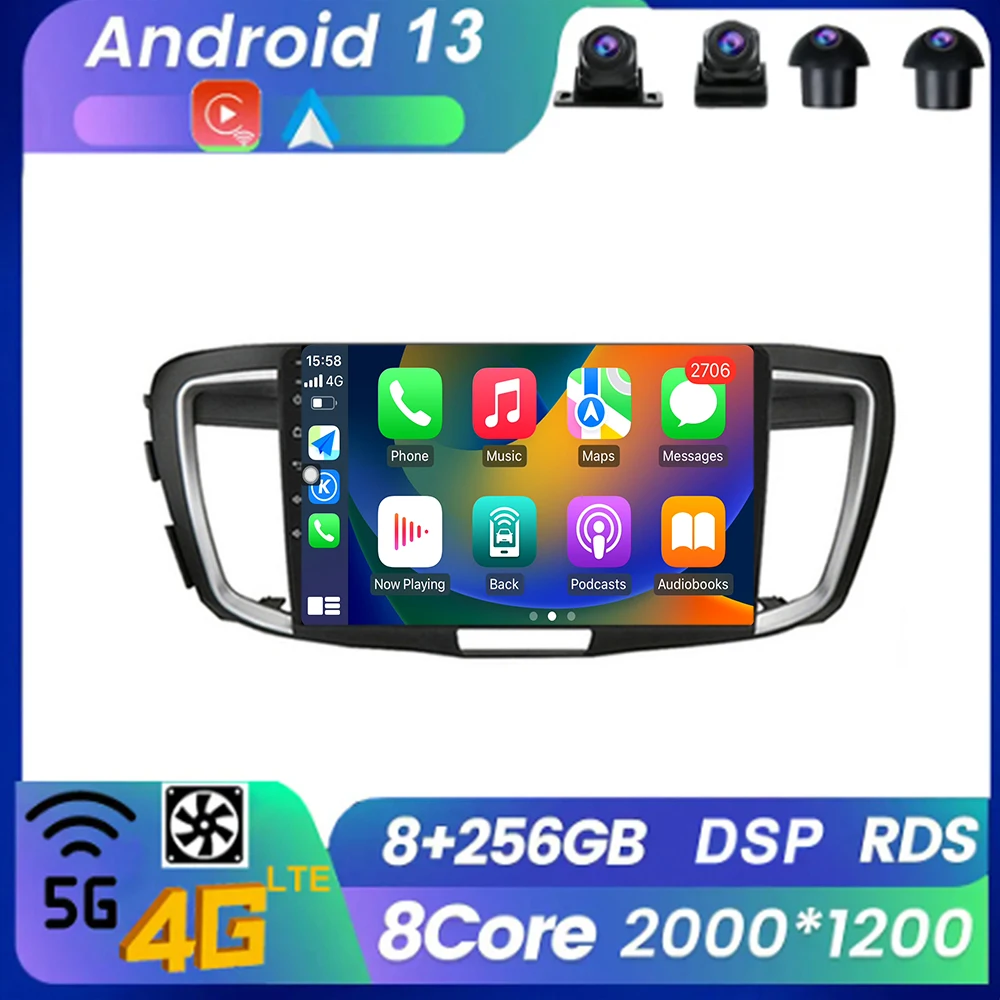 

Android 13 Carplay, мультимедийное радио, Bluetooth, Wi-Fi, беспроводное радио для Honda Accord 9 TH 2.4L 2013 - 2017