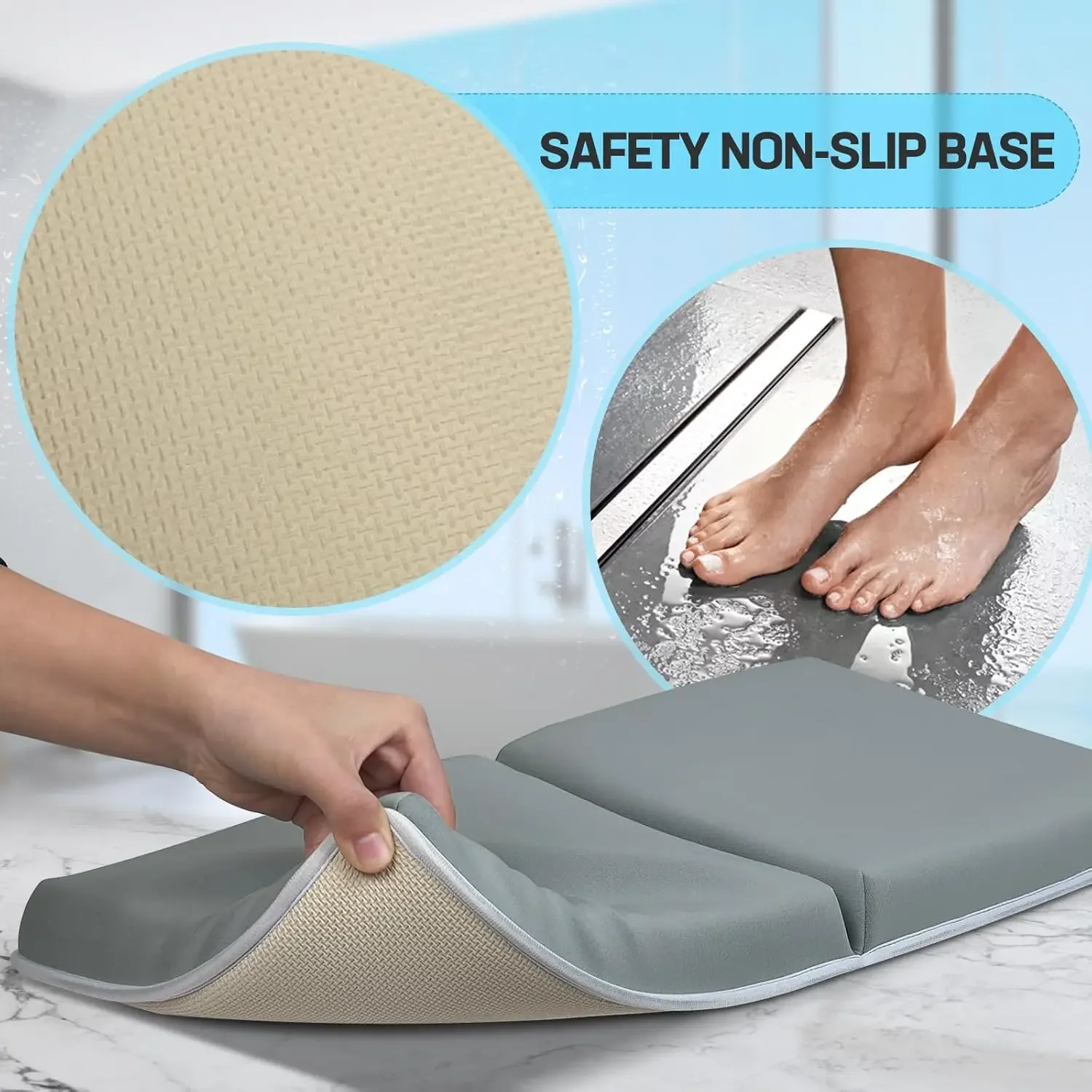 Beige bath kneeler with elbow rest pad and storage bag on tile floor.