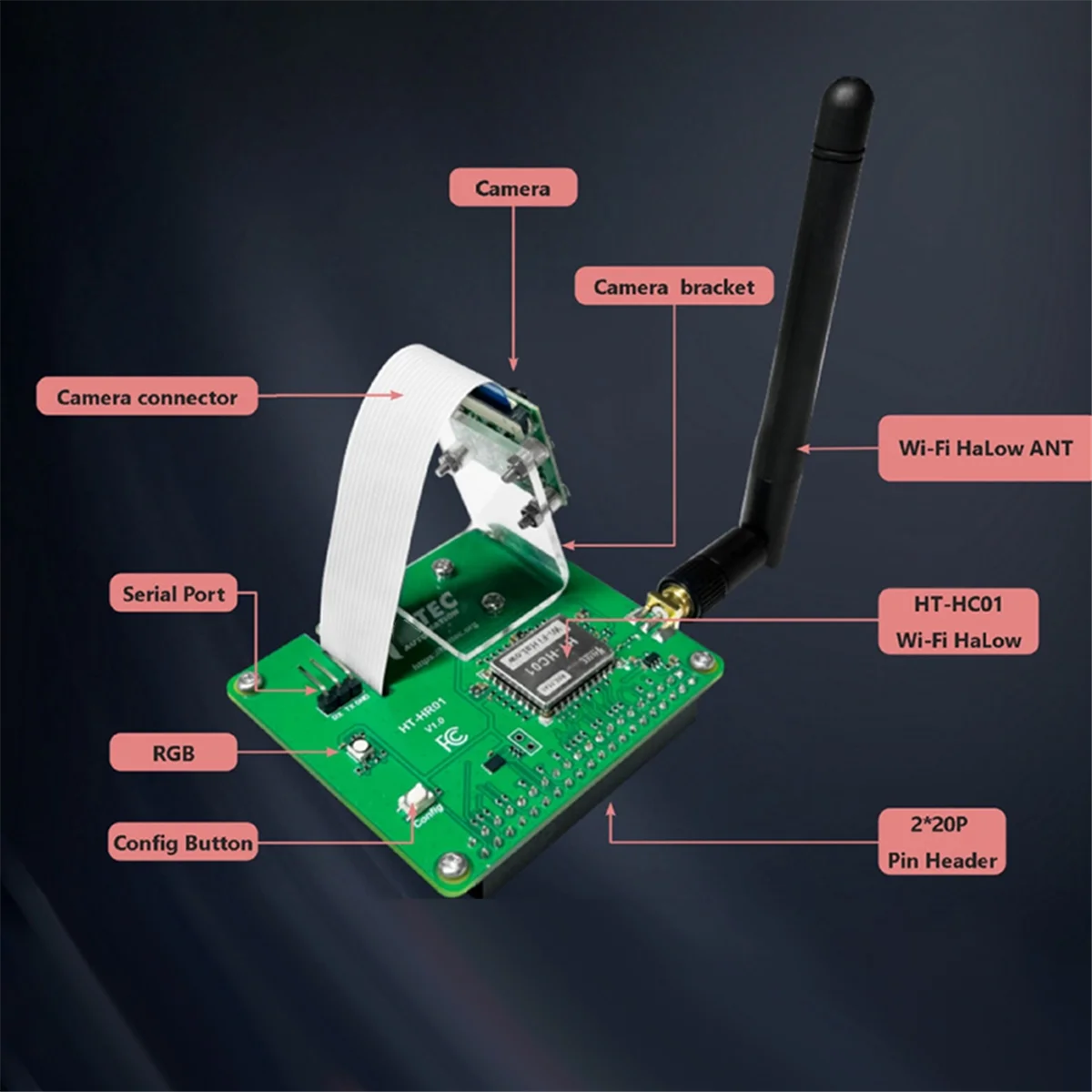 HAT 5MP 카메라 2KM 범위 32.5Mbps 메시 네트워킹용 SCLS HR01 WiFi HaLow 모듈 Pi-CamLow