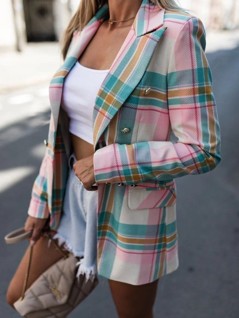 Breasted Business Fashion Pink Plaid and Striped Blazer Office Lady Lapel Double Commute Blazers Spring Autumn Elegant Chic Coat