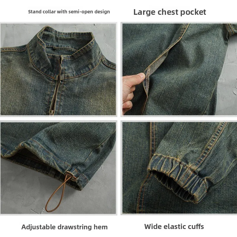 Retro Washed American Style Loose Fit Men's Denim Jacket Crew Neck Spring Autumn High Street Workwear Windbreaker Coat