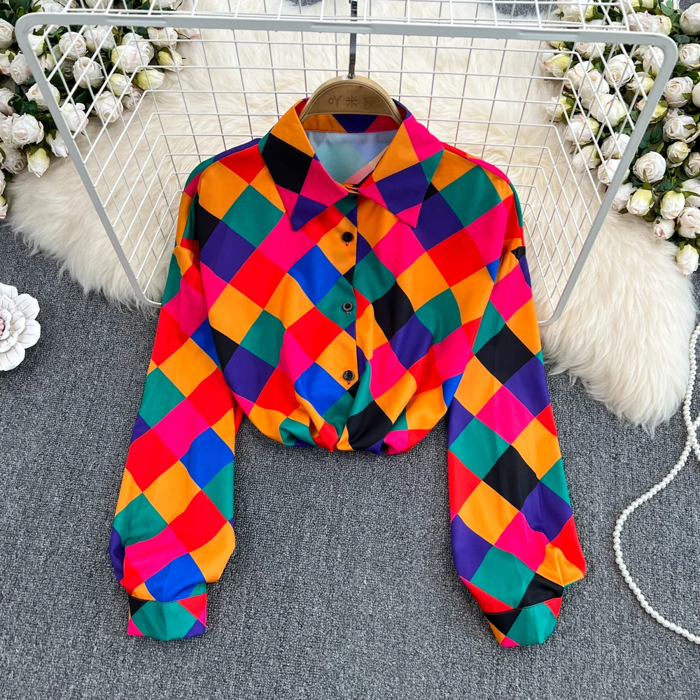 

Loose Design Single Breasted Plaid Shirt 2023 Early Autumn Korean New Vintage Printed Long Sleeved Top for Women