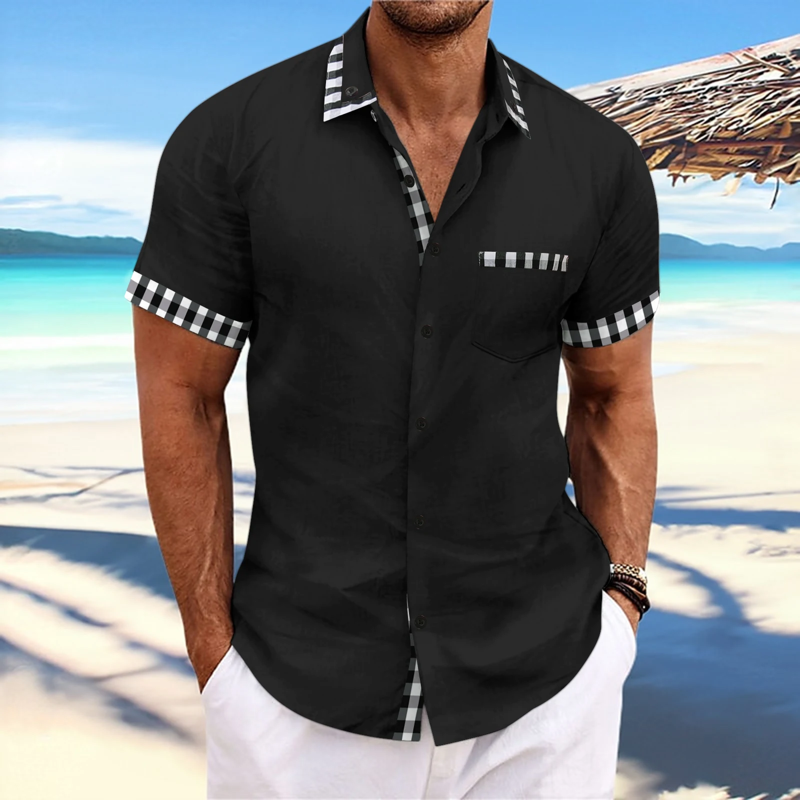 

2024 New Men's Solid Color Pocket Patchwork Check Daily Casual Lapel Short-sleeved Shirt