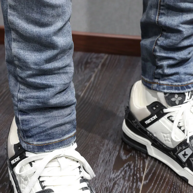 High Street Fashion Men Jeans Retro Blue Stretch Skinny Fit Ripped Jeans Men Leather Patched Designer Hip Hop Brand Pants Hombre