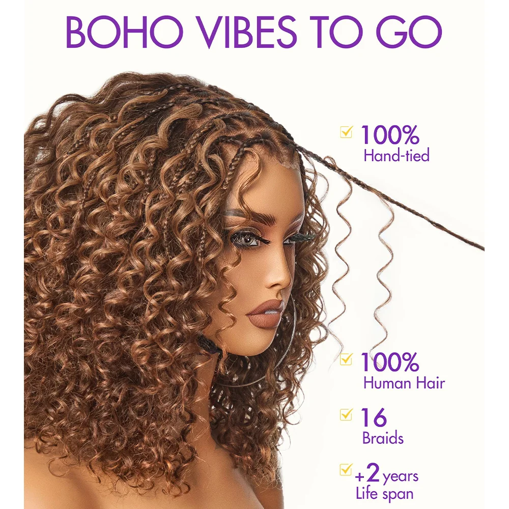 Boho Braided Deep Curly 7x5 Closure Lace with Braided Bob Glueless Wigs Human Hair Curly Deep Wave PrePlucked Bleached Knots Wig