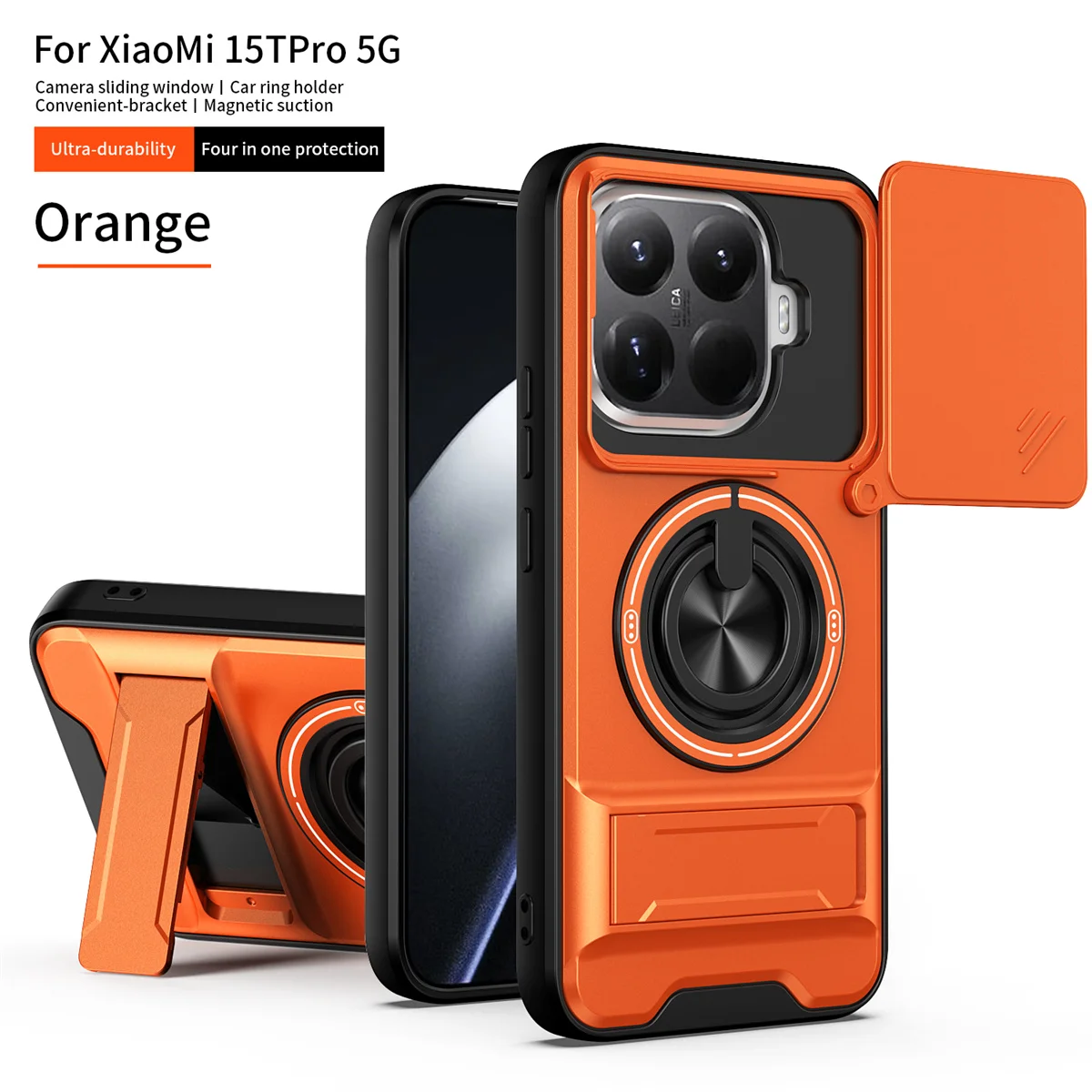 Durable Anti-Drop Hard Lens Slide Phone Case with Magnetic Car Ring Holder and Stand
