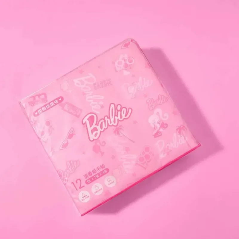 MINISO-Lot de mouchoirs de la série Barbie, 12 paquets de mouchoirs de dessin animé, serviette parfumée légère, support sec, cadeau en papier disponible