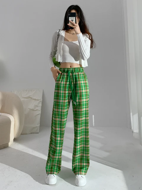 Green Plaid Stretchy Pants, Green Plaid Women Pants