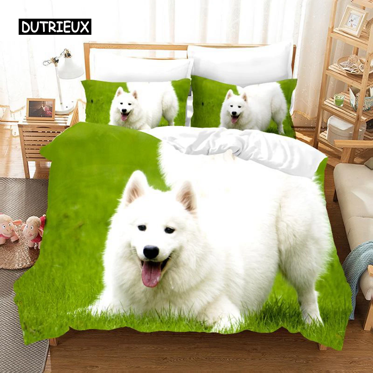 

Samoyed Duvet Cover Set Cute Dog Pattern Decor Bedding Set Grass Green for Kids Girls Adults Lovely Animal Polyester Quilt Cover