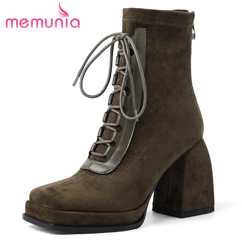 

MEMUNIA 2023 New Flock Square Toe Zipper Platform Boots Thick High Heels Ankle Boots Sexy Ladies Narrow Band Winter Boots