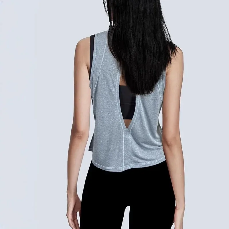 Women Summer Yoga Tank Top Back Split Open Back Breathable Round Neck Sleeveless Vest
