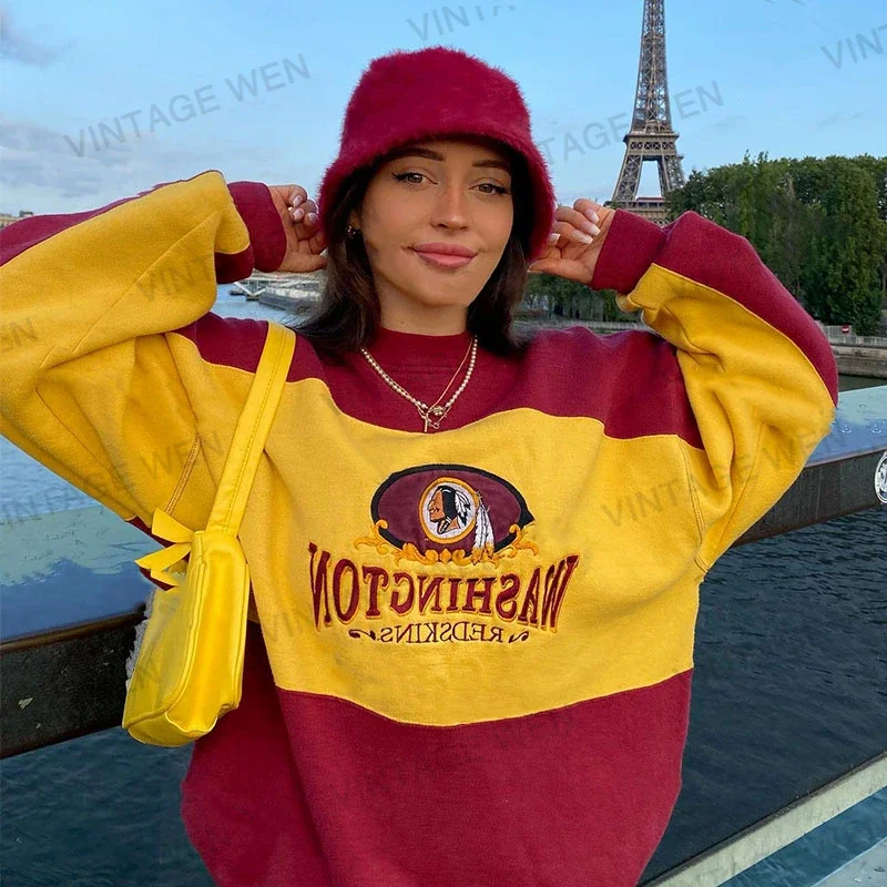American Retro Color Block Embroidery Loose Pullover Sports Sweater Women's Ins Fashionable Top All-Matching