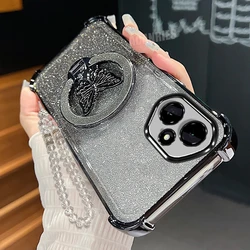 Elegant Butterfly Chain Lanyard Case - Plating Shockproof Silicone with Stand Holder - Honor 400 (FS HDSJS Black)