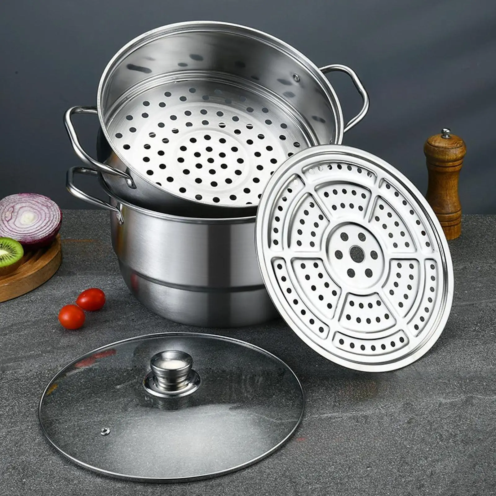 2/3 Tiers Stainless Steel Steamer Overlapping Steaming Pot Cookware Steamed Fish cooker General Induction Cooker Cooking Pan