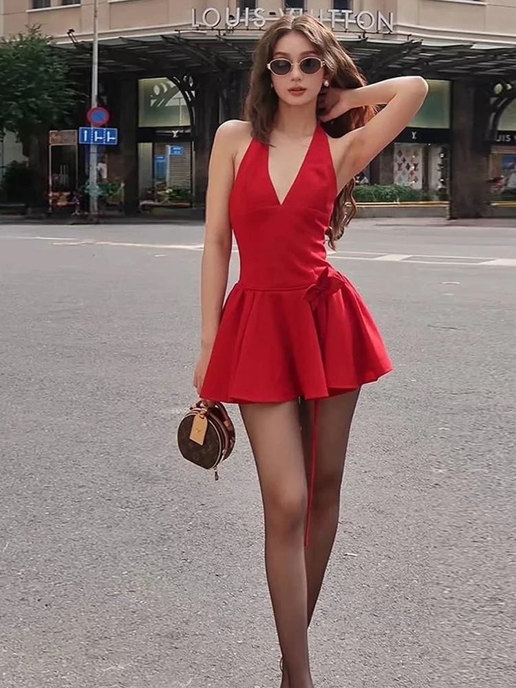 Nibber Christmas Dress Women v-Neck Backless Draped Sleeveless Birthday Party Elegant Street Chic Fashion Skinny Mini Bodycon