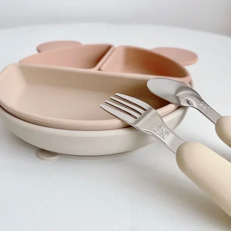 Baby Silicone Tableware Set Children Utensil Stainless Steel Toddler Dinnerware Cutlery Cartoon Infant Food Feeding Spoon Fork 5