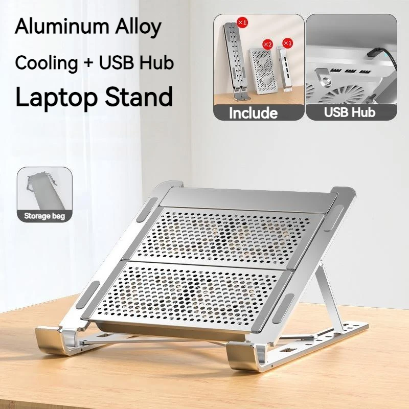 

Aluminum Alloy Foldable Laptop Stand With 4 Ports USB Extender Cooling Fan Adjustable Tablet Holder For Macbook Air Pro Notebook
