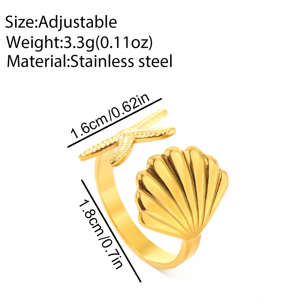 Stainless Steel Ring Light Luxury Premium Sea Life Collection Starfish Shell Ring For Women Jewelry Beach Vacation Accessories 4