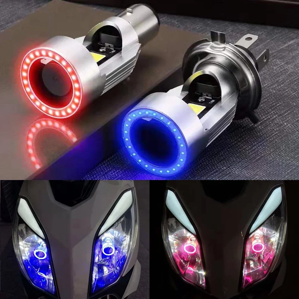 Angel Eye LED farol de motocicleta, farol de moto scooter, lâmpada, acessórios de carro DRL, azul e vermelho, H4, BA20D, novo