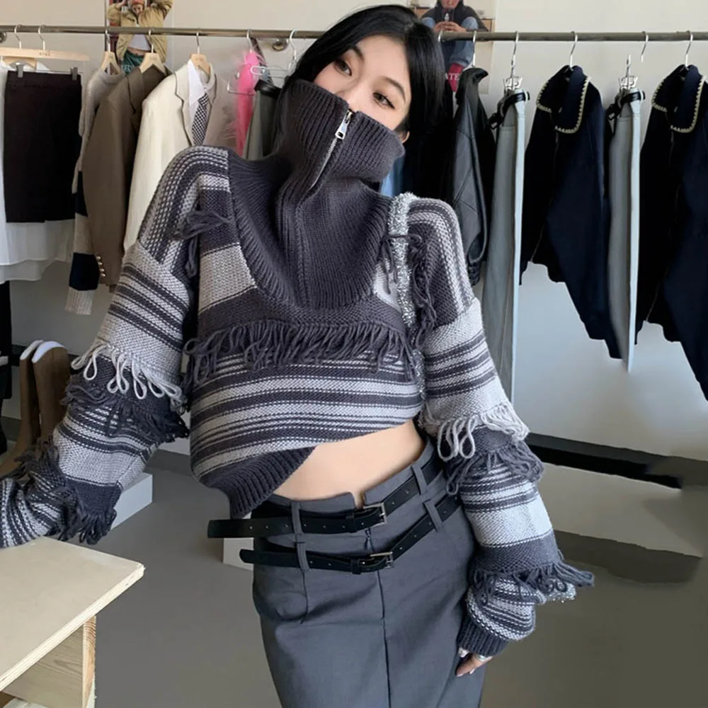 

Autumn Winter Tassels Sweater Women Loose Striped Knitted Pullover Tops Long Sleeve Zip Thicken Warm Turtleneck Fashion Jumpers