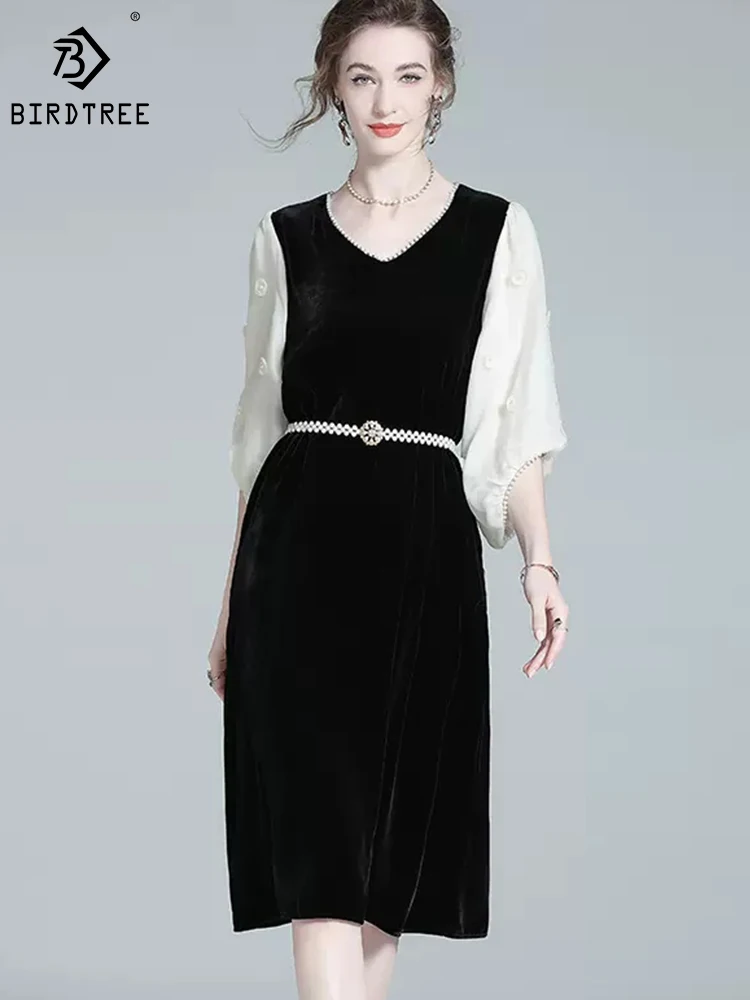 

Birdtree 100%Mulberry Silk 6A Elegant Dress Velvet French Nail Beads V-neck Puff Sleeves Temperament A-line Dresses D3N740QD