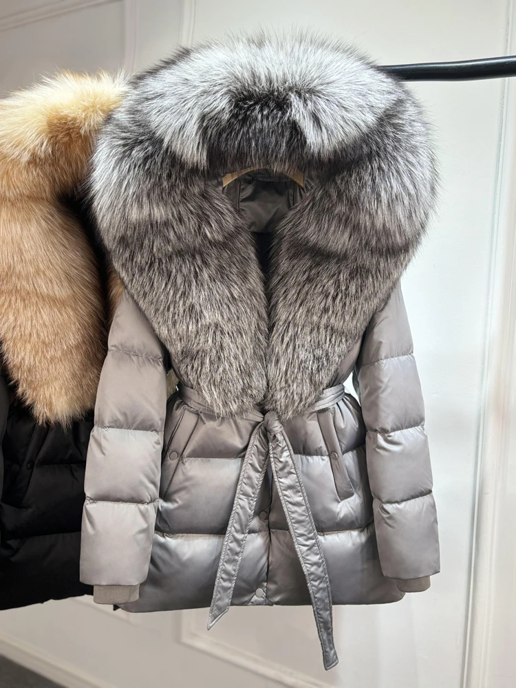 2025 Luxury Winter Large Natural Silver Fox Fur Hooded 90% Goose Down Jacket Women Thickened Warm Coat Waterproof Belted Parkas