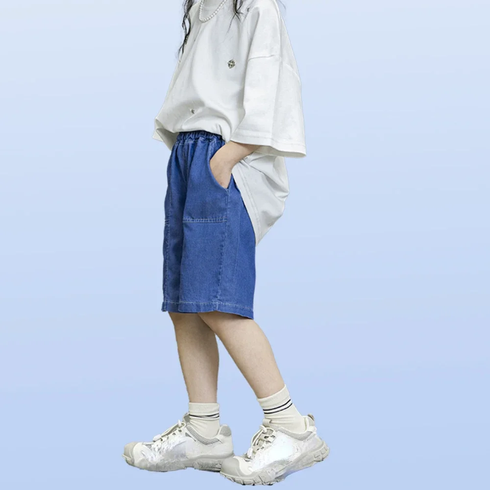 여아용 단색 파란색 바지, 십대 데님 바지, 여름 소년 캐주얼 진 의류, 1-12T