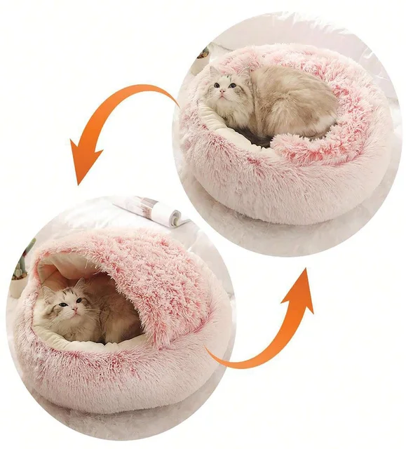 Plush Hooded Pet Bed – Round Fluffy 2-in-1 Cat & Dog Sleeping Nest 4