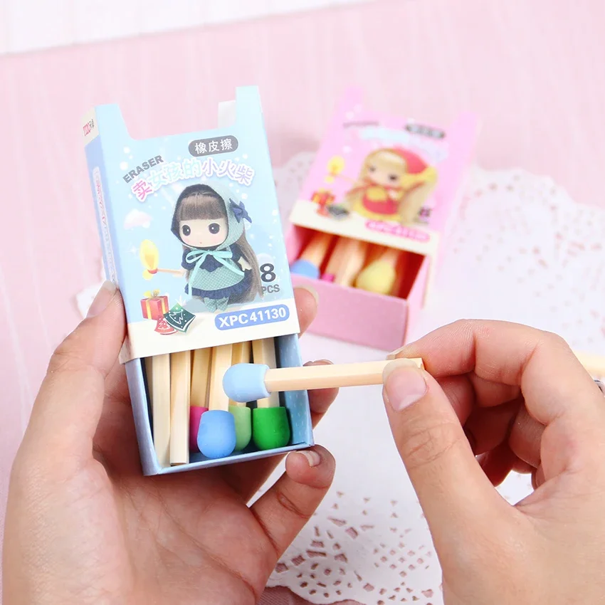 1Box Cute Kawaii Matches Eraser Lovely Colored Eraser for Kids Students Kids Creative Item Gift