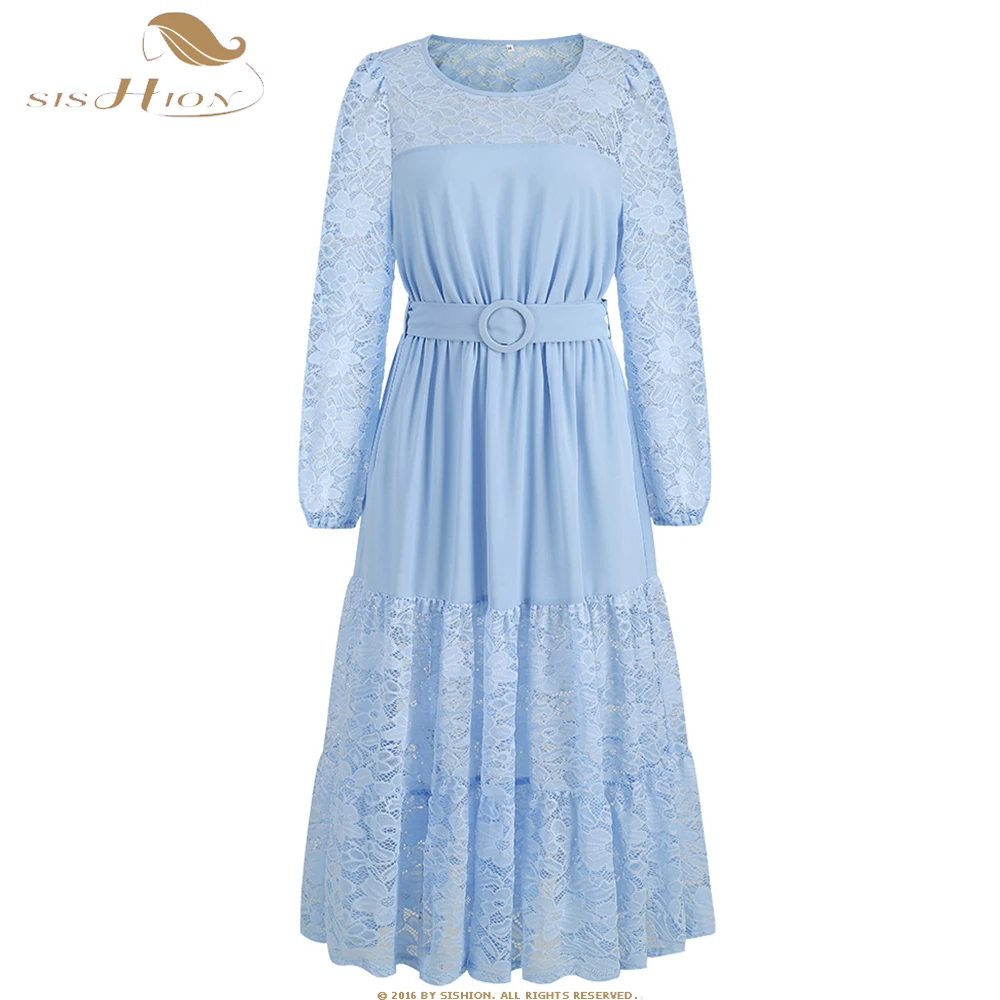 

2023 Elegant Patchwork Lace Long Midi Women's Dress French Style See Through Autumn Winter 50s Loose Casual Beach Dress SR1144