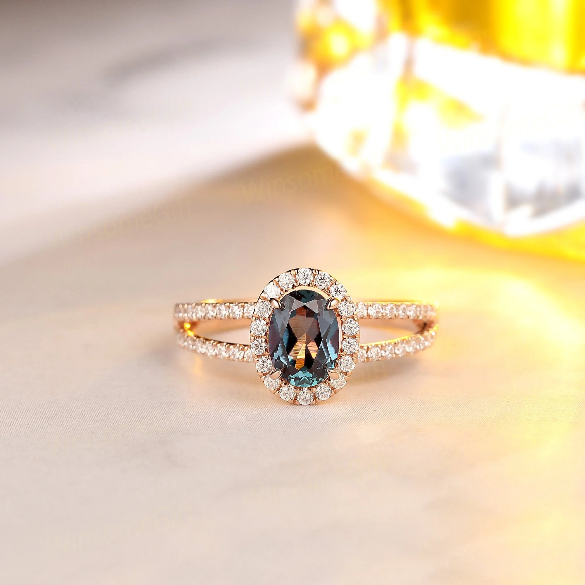

Lab Grown Alexandrite Gemstone Ring for Women Real 14K Rose Gold Size 5mm*7mm Oval Cut Engagement Milgrain Ring