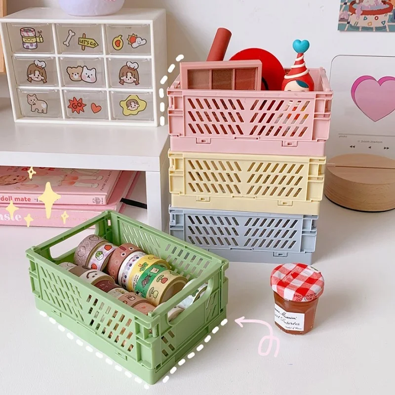 

Ins Desktop Plastic Storage Baskets Organizer Box Folding Stackable Toy Storage Basket with Handle Bathroom Storage Box Basket