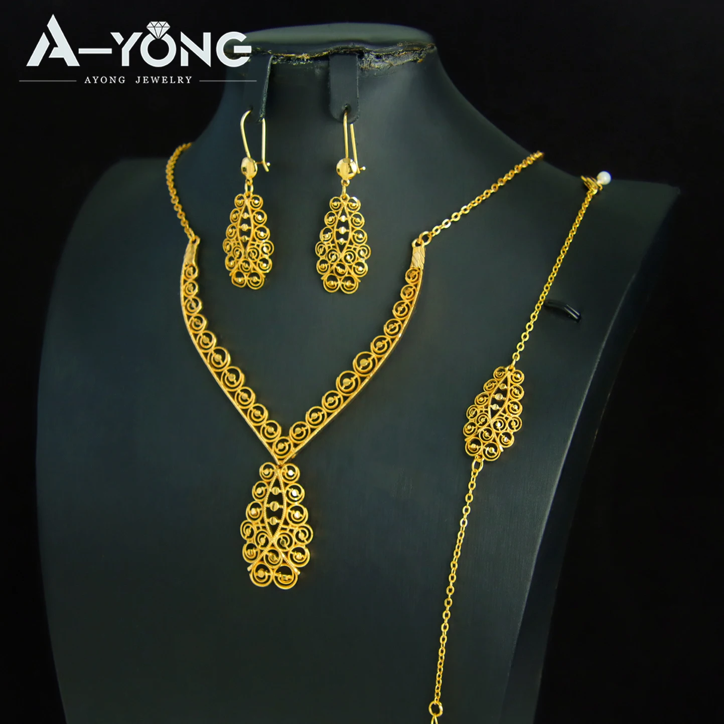 Luxury Dubai Wedding Jewelry Set 21k Gold Plated Arab Bridal Gold Necklace Bracelet Earrings Brazilian Women Vintage Jewelrys - 4