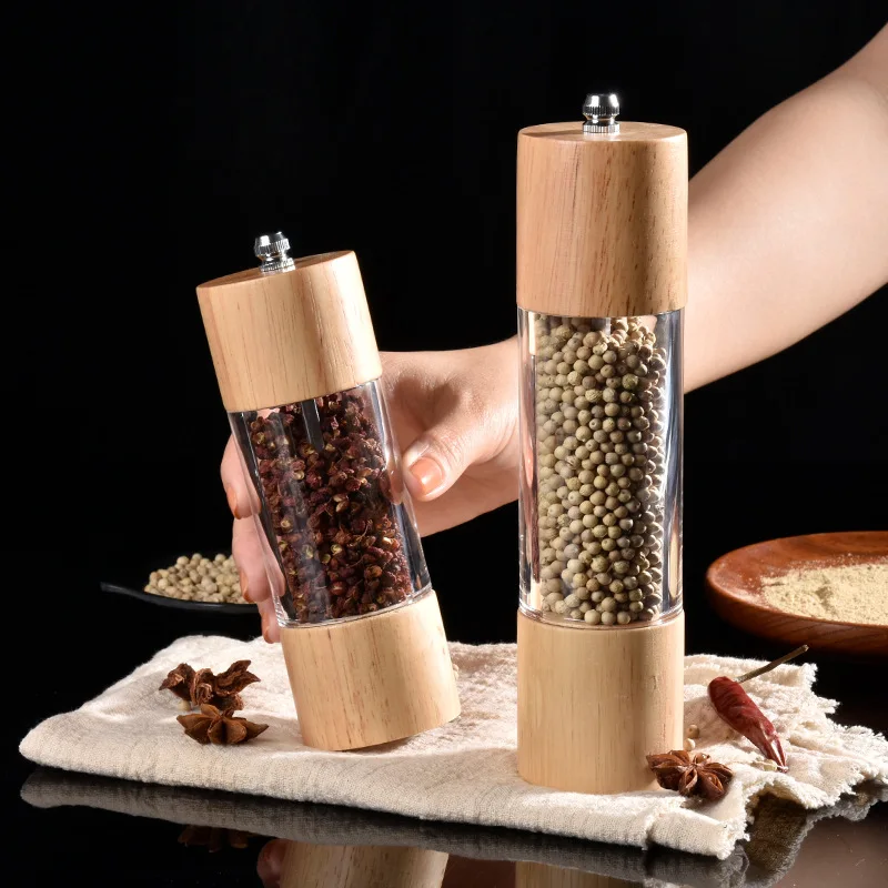Wooden Salt and Pepper Grinder Set Manual Mills with Acrylic Visible Window and Iron Stand Kitchen Helper 6 /8 Inches