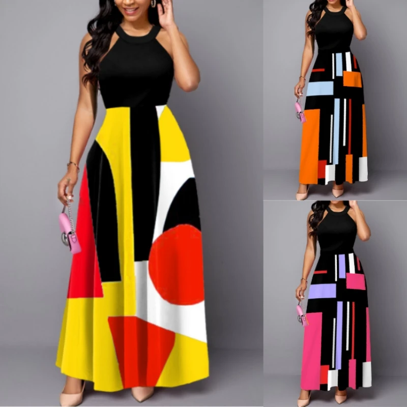 

New Sleeveless Women's 2023 Summer Fashion Splicing Print Plus Size A-Line Dress Sexy And Elegant Tie Dye Hanging Neck Dress