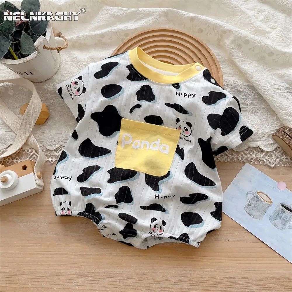 

2023 summer new in newborn baby boys girls short sleeve Cow pattern panda one-piece infant kids cotton overall toddler bodysuits