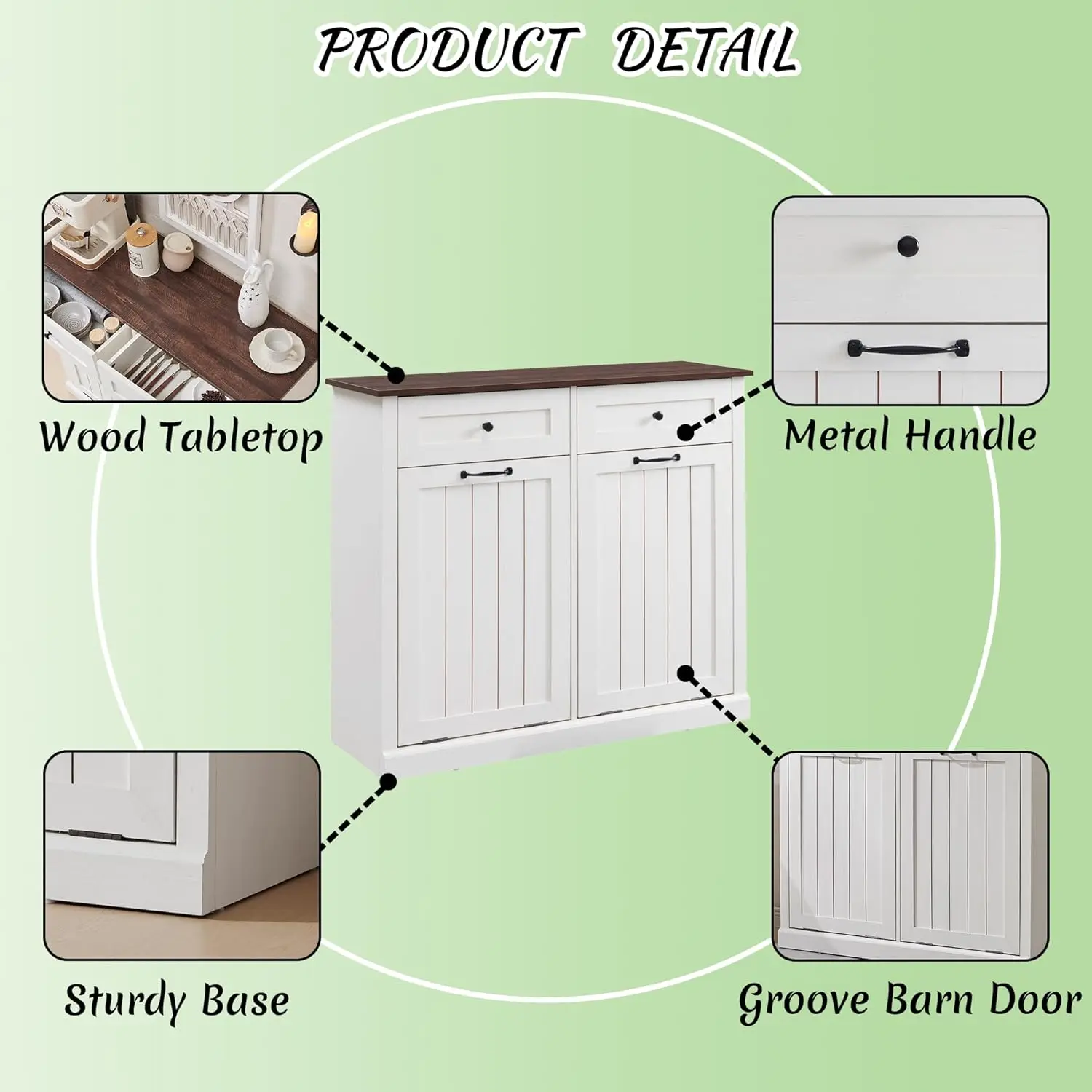 Description Picture 6 of itemDouble Tilt Out Laundry Hamper Cabinet, 20 Gallon Farmhouse Trash Can Cabinet with Drawer, Hidden Wood Garbage Can Bin Cabinet
