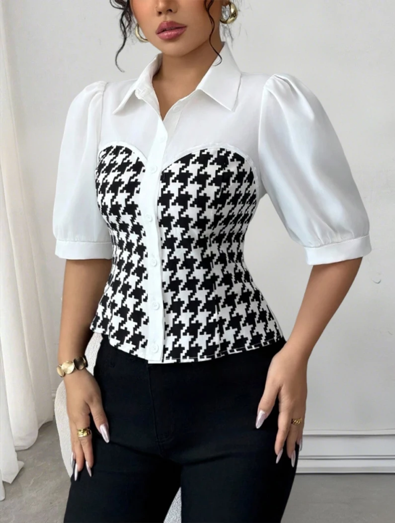 Women's Blouse Spring Summer Black White Tops Houndstooth Patchwork Collar Puff Sleeve Valentine's Day Elegant Casual Daily Top
