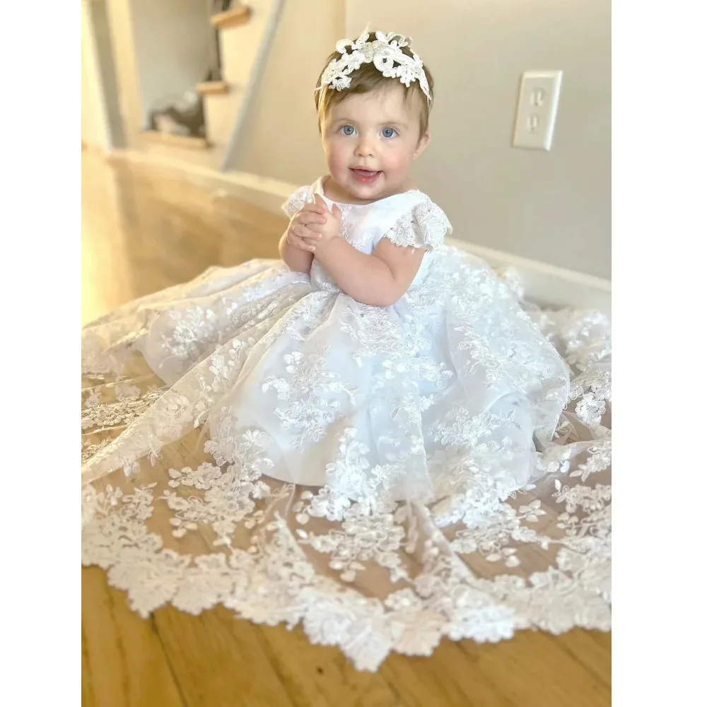 

White Flower Girl Dresses Lace Appliques With Bow Short Sleeve For Banquet Birthday Party First Communion Gowns