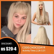 HENRY MARGU Long Natural Wavy Platinum Blonde Wigs with Bangs Cosplay Party Lolita Synthetic Wigs for Women Heat Resistant Fiber