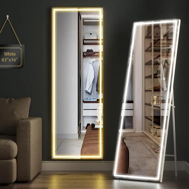 

Full Length Mirror with Lights, 63"x16" Full Body Mirror with Light, Free Standing Lighted Floor Mirror, Wall Mounted LED