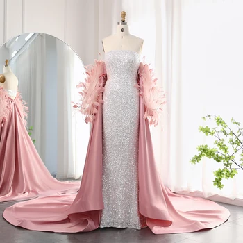 Luxury Feathers White Sequined Mermaid Evening Dress with Cape Long Sleeves Dubai Arabic Wedding Party Dress 235 1