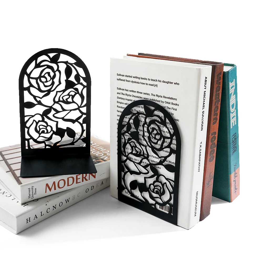 Rose Metal Book Ends -Black L Shaped Book Stand Holder for Home Office Desk, Creative Gift for Dads and Loved Ones 4