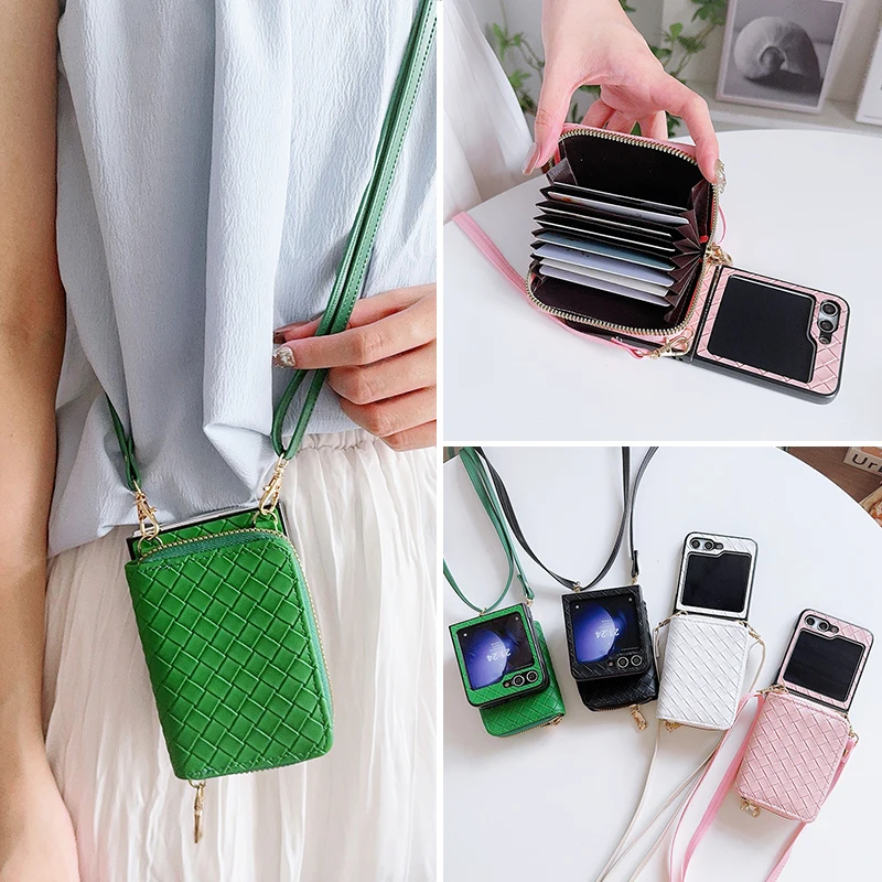 Woven Pattern Crossbody Zipper Wallet with Lanyard and Card Slot - PU Leather Case