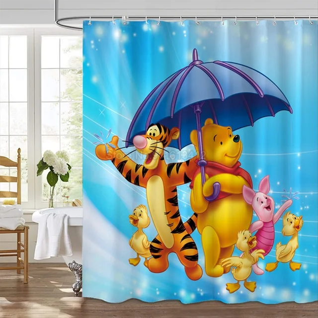 Shower Curtain S-90*180cm Winnie the Pooh Bathroom Decor Winnie the Pooh  Aesthetic Modern Fabric Waterproof Shower Curtain Set with Hook