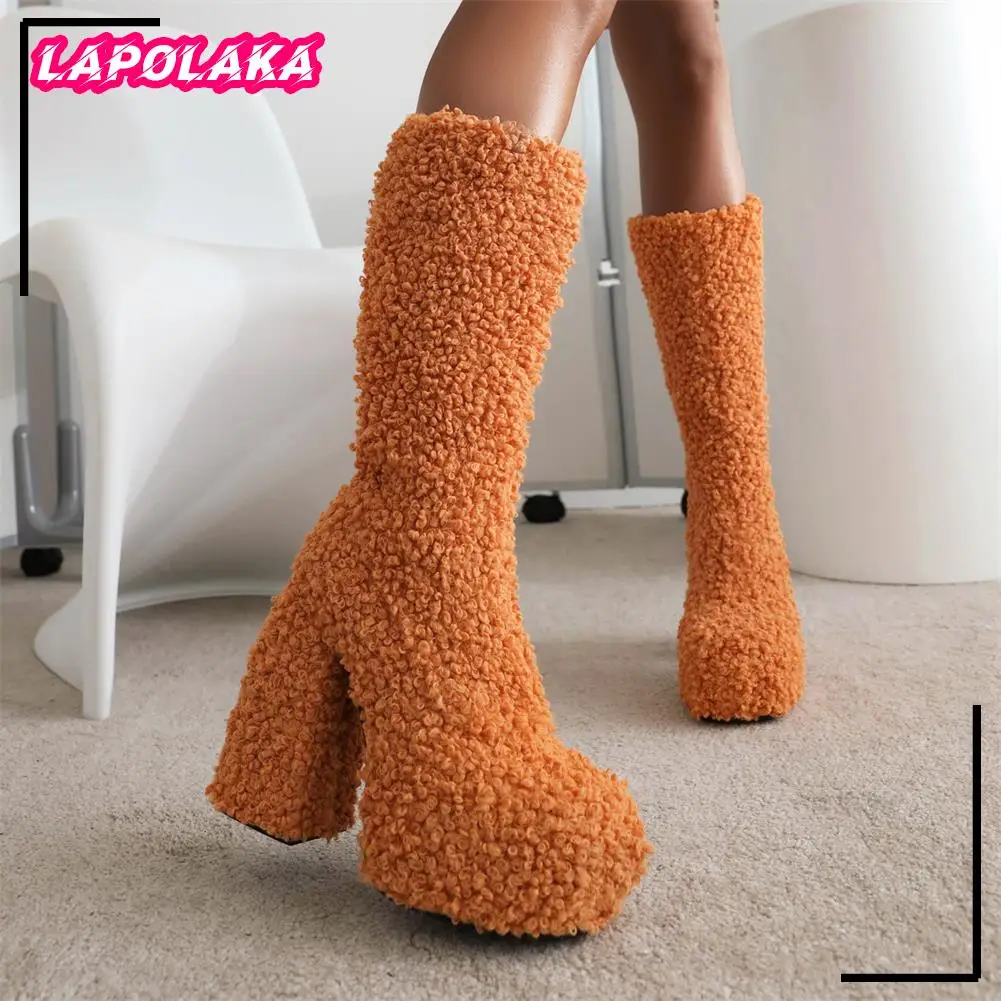 2022 Winter Warm Faux Lamb Wool Women Boots Platform Thick High Heels