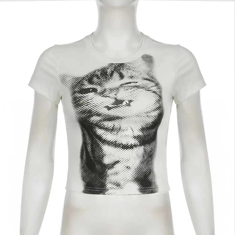 Harajuku Animal Print Crop Top Basic White Short Sleeve Crewneck T-shirt Women Casual Slim-fitting Tees Lady y2k Vintage 6