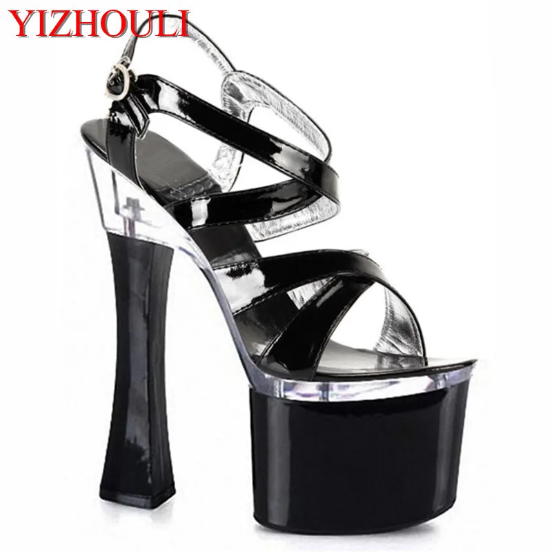 

18 cm high heel sandals, sexy bridal shoes, square toe shoes, ankle pole dancing shoes, black/silver dance shoes